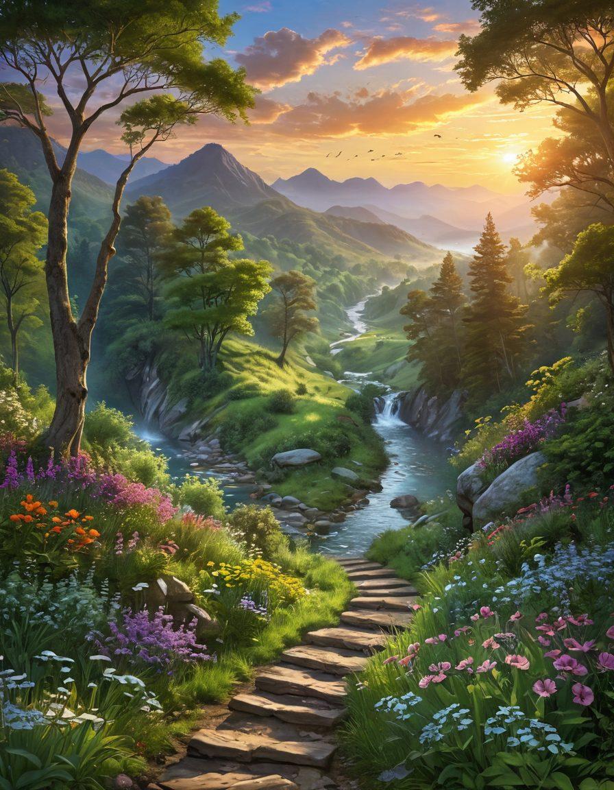 A serene landscape depicting a winding path through a lush green valley, leading to a bright horizon symbolizing a fulfilling life. Include elements like a vibrant sunrise, blooming flowers, and birds soaring in the sky to signify hope and joy. A person meditating peacefully by a clear stream can represent mindfulness. Add ethereal light beams filtering through the trees. super-realistic. vibrant colors. peaceful atmosphere.