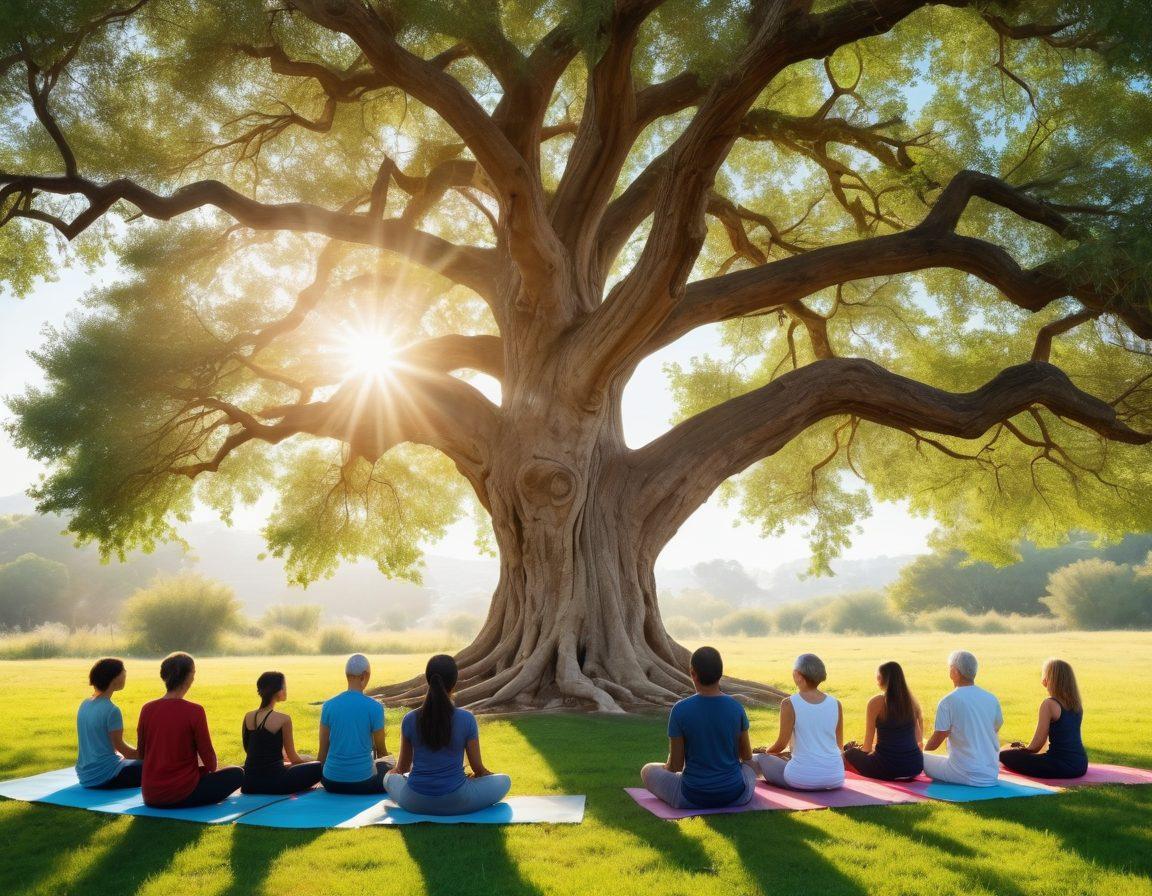 A serene landscape depicting an ancient tree symbolizing wisdom and longevity, surrounded by vibrant greenery and a clear blue sky. In the foreground, a diverse group of people of different ages engage in healthy activities like yoga, gardening, and meditation, radiating joy and vitality. Soft sunlight filters through the branches, creating a warm and inviting atmosphere. The scene embodies harmony with nature and the essence of a long, fulfilling life. super-realistic. vibrant colors.
