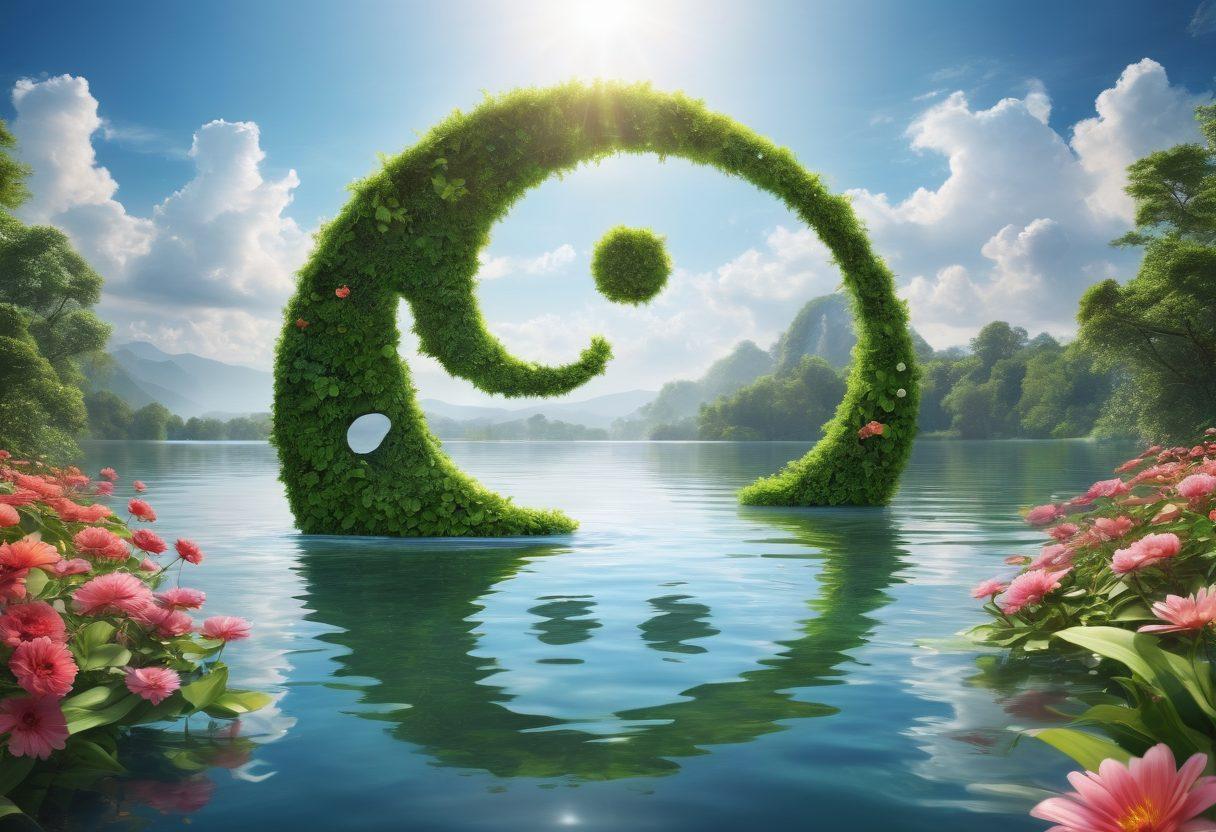 A serene landscape featuring a balanced yin-yang symbol made of lush greenery on one side and calming water on the other, intertwined with symbols of fitness like dumbbells and yoga poses. Soft rays of sun shine through fluffy clouds, illustrating harmony and wellness, while vibrant flowers bloom throughout the scene. The overall tone should convey tranquility and vitality. super-realistic. vibrant colors. peaceful background.